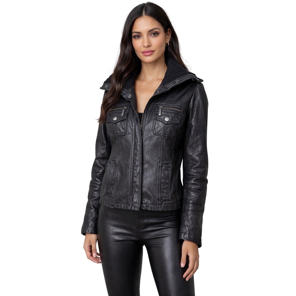 Michael Michael Kors‎ Black Leather Knit Collar Moto Jacket Size Small
